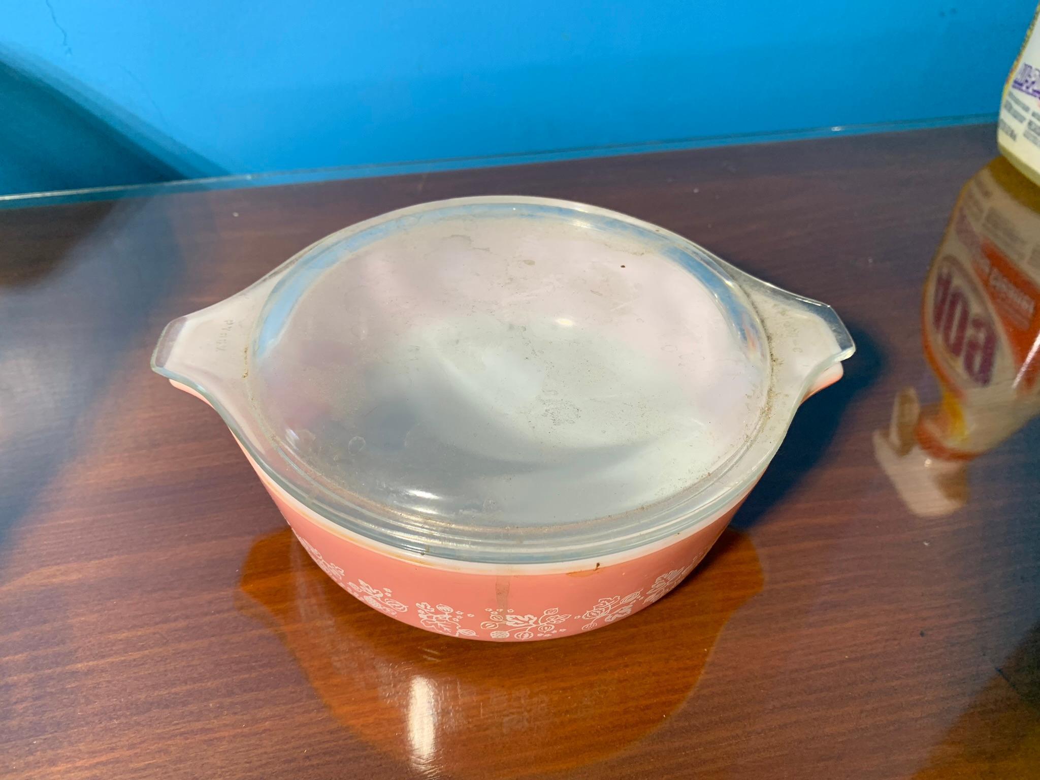 Pink Pyrex Gooseberry Casserole Dish, Vintage Canister with Lid & Buckeye Mart Measuring Cup