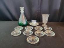 EAPG spooner, coasters and art glass decanter