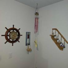 Nautical Wall Decor, magazine rack, dog fig, small bench, cushioned stool, globe, Indian figurine