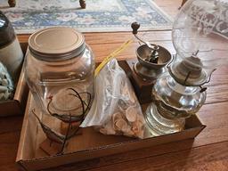 Vintage Oil Lamp, Blue Canning Jars, Crock, Sea Shell Collection and More