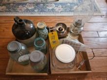 Vintage Oil Lamp, Blue Canning Jars, Crock, Sea Shell Collection and More