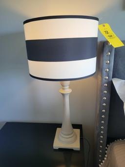 Pair of wood base bedroom lamps with stripped shades