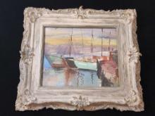 Original vintage watercolor painting of sailing ships in fancy frame, signed