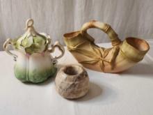 (2) Antique Art Nouveau porcelain items & unusual stone pot