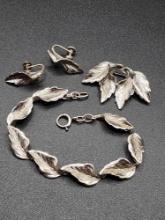 Vintage sterling silver set: pin, bracelet, earrings