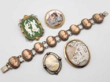 Old cameo jewelry: pins & bracelet