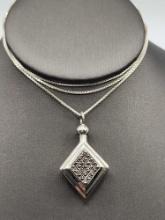 Vintage sterling silver diamond shaped perfume bottle pendant necklace