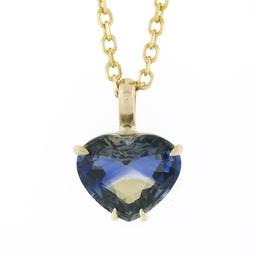 New 14K Gold GIA Zoned Blue & Yellow Heart Sapphire Solitaire Pendant Necklace