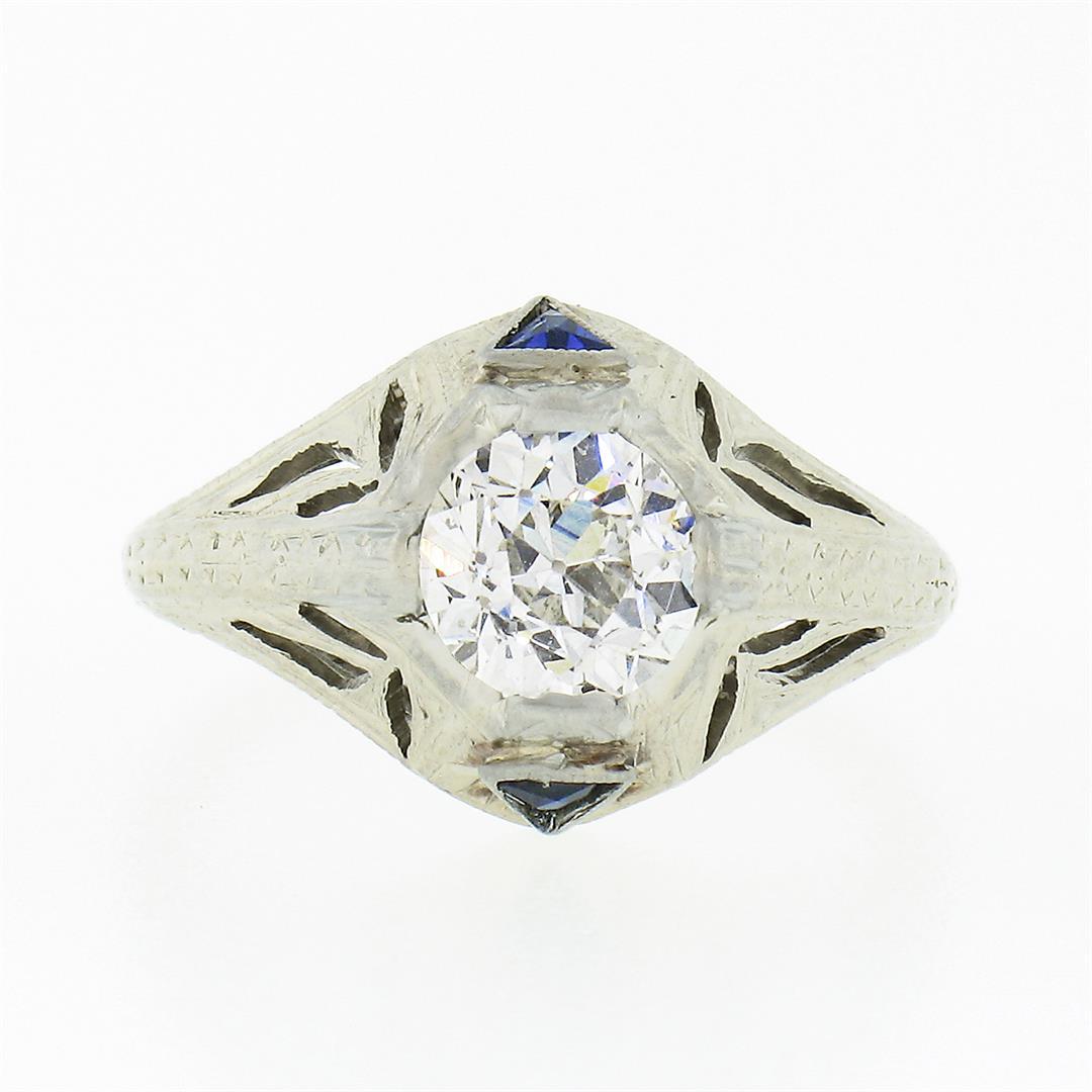 Antique Art Deco 18k Gold GIA Old European Diamond Sapphire Engagement Ring