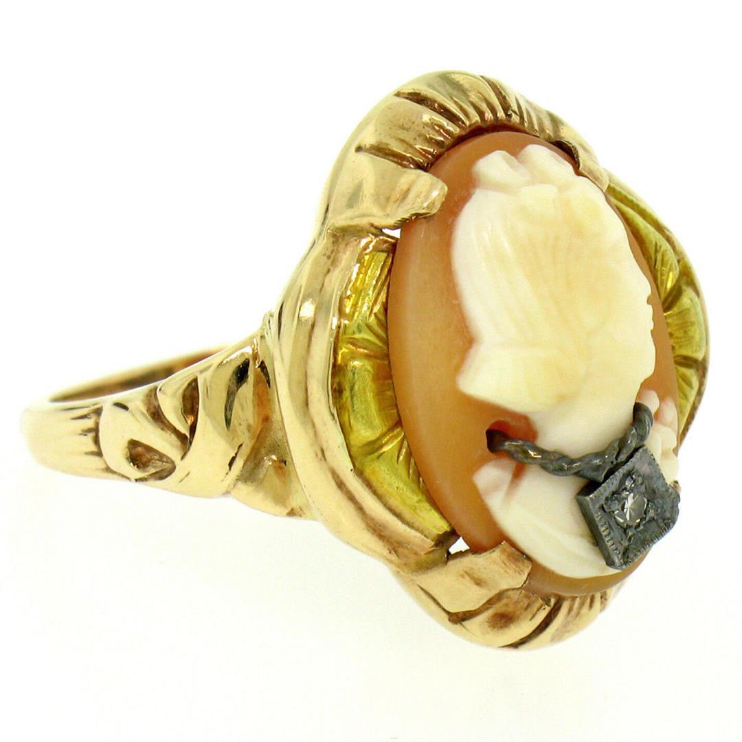 Antique 10k Rose and Green Gold Carved Cameo and Diamond Ring