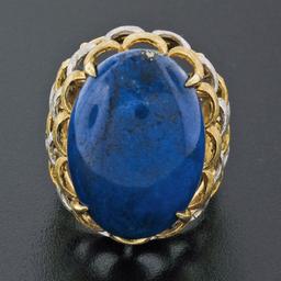 Vintage 18K TT Gold Cabochon Lapis Lazuli Textured Crescent Large Cocktail Ring