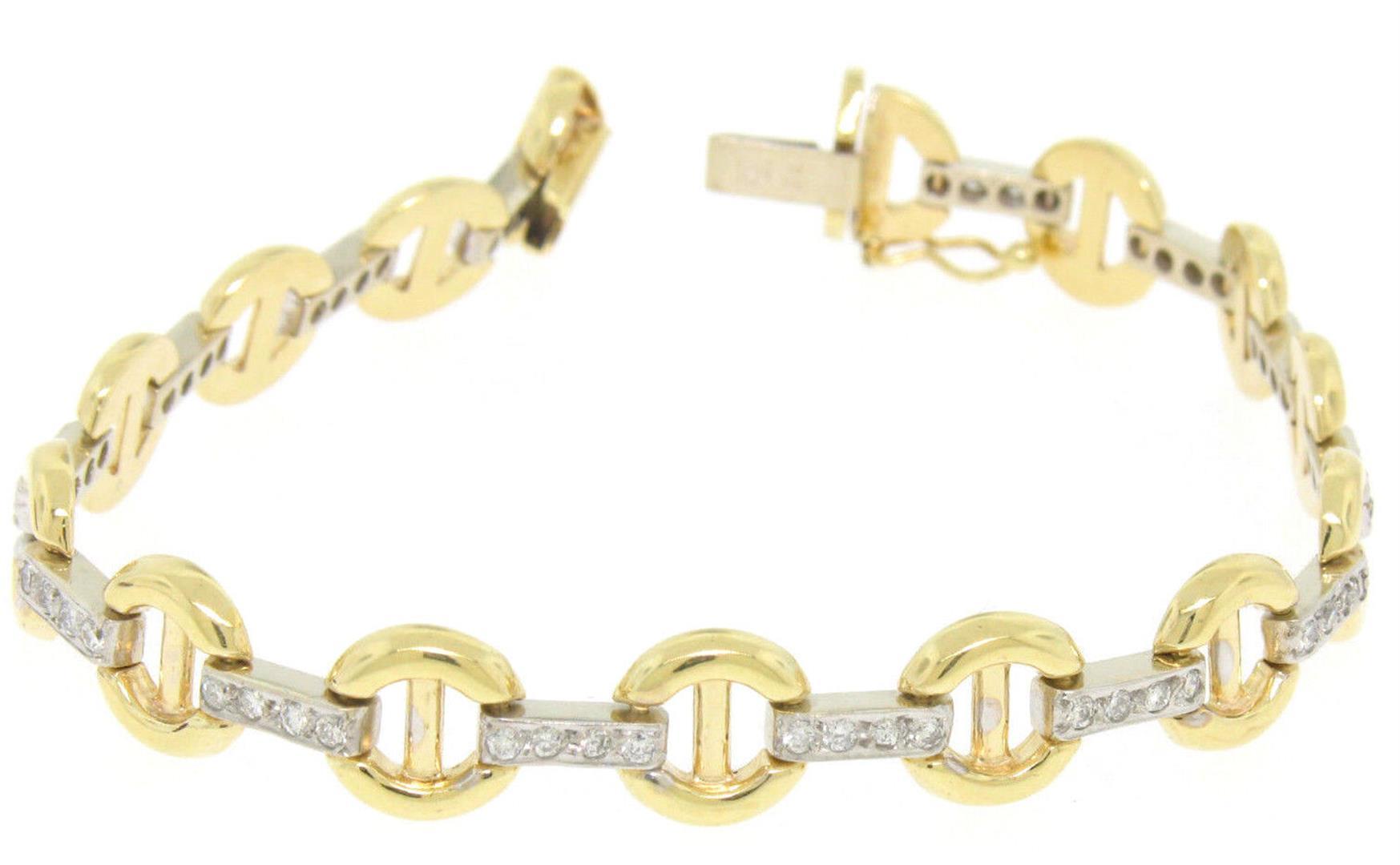 NEW 7" 14K Yellow Gold Buckle & Pave Round Diamond White Gold Bar Link Bracelet