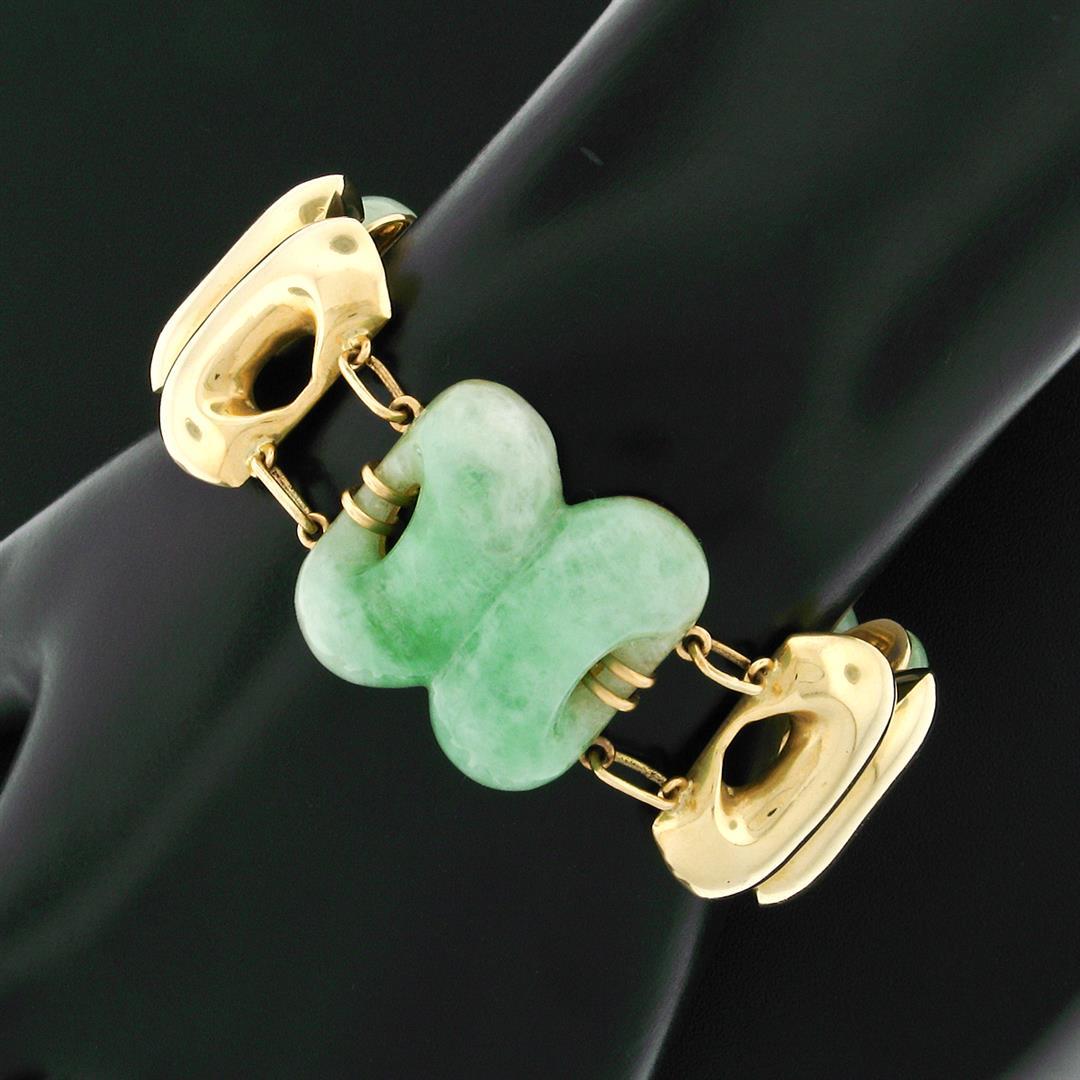 Vintage Large Wide Heavy Alternating Pierced Jade & Solid 14k Gold Bracelet