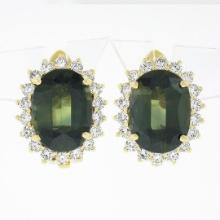 Estate 14K Gold 8.18 ctw GIA NO HEAT Oval Green Sapphire & Diamond Halo Earrings