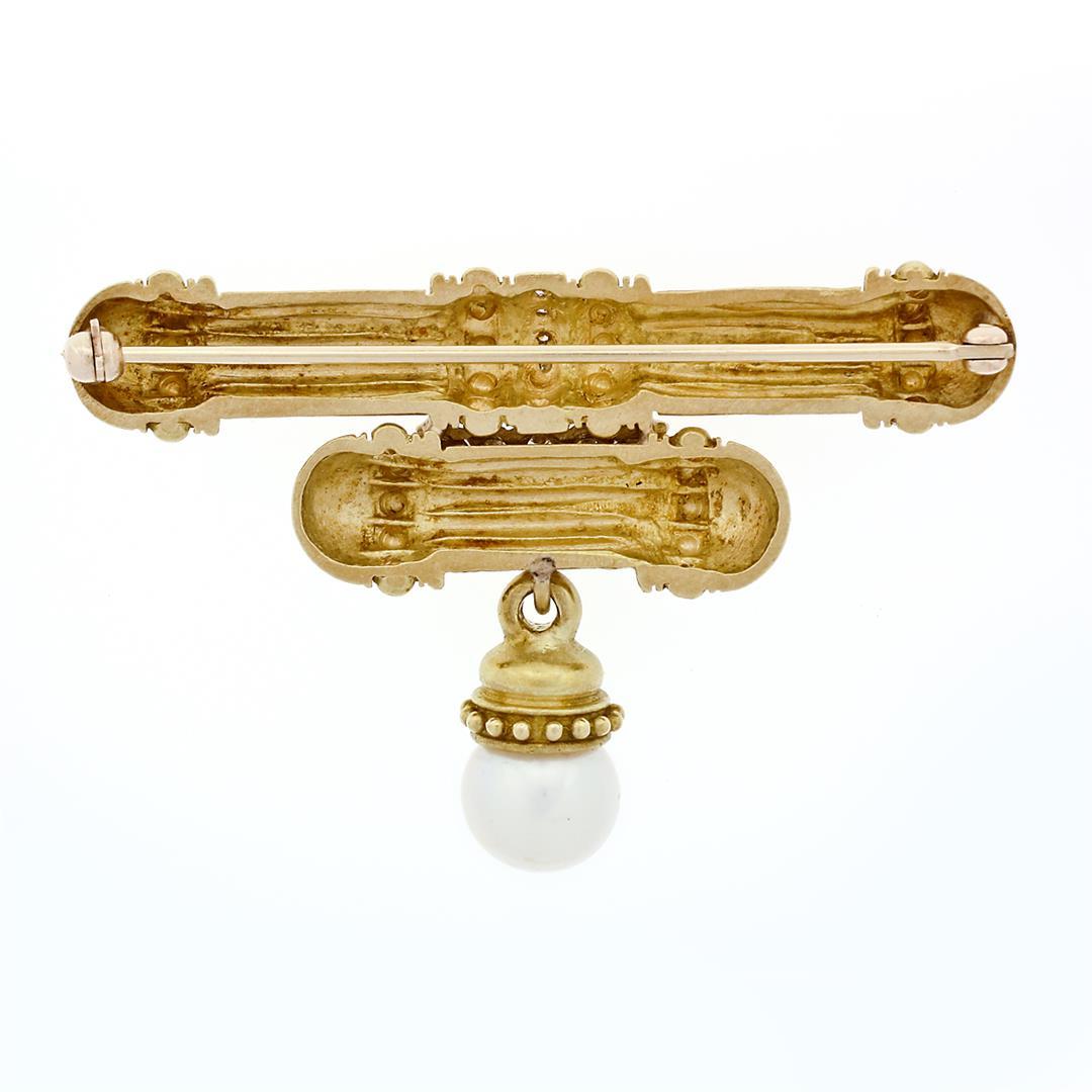 Vintage 18K Gold Diamond Matte Finish Dual Column Bar Brooch & Pearl Bead Dangle