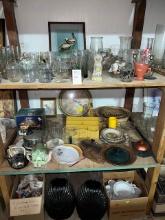 shelf, contents, three shelves, glass, figurines, Clock, China sets