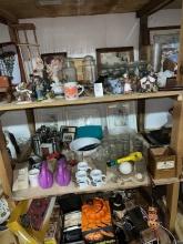 3 shelves of miscellaneous Halloween, coffee, cups, glassware