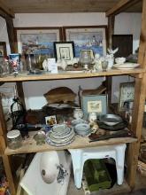 three shelves, stool, sink, pictures, dishes, glassware