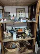 three shelves, Glass, Art, caps for toy, guns, pottery, baskets