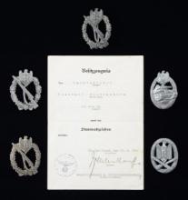 5 WWII GERMAN AWARDS BADGES & 1 AWARD DOCUMENT.