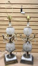 Pair of Cut Glass Lamps with Marble & Brass Accents